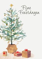 klassieke kerstkaart met een kerstboom en cadeautjes